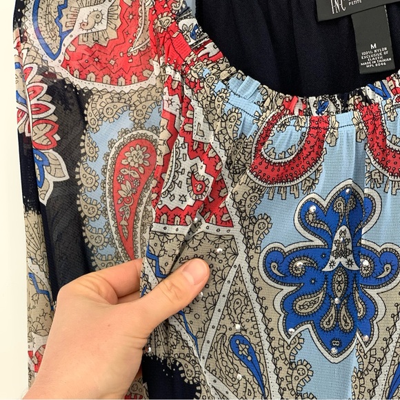 INC International Concepts 3/4 Sleeve Paisley Blouse Red Blue Black Tan M - Picture 2 of 7